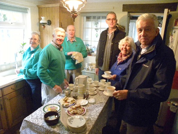 Deputy Town Mayor Cllr Robin Cook (closest to camera) with his wife Sue and Minster Churchwarden Francis Vine arriving for Coffee served by Wimborne in Bloom Committee Members Mary Allen, Chris Hooker and Peter Glancy